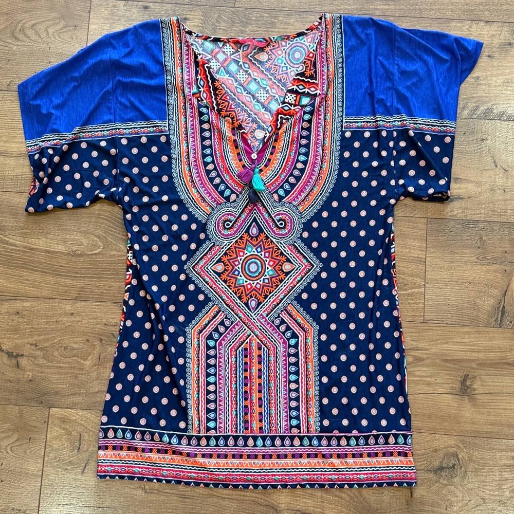 Tigerlily Rabari Mini Dress Womens Medium M Kaftan Short Sleeve Tassel Cover Upโ